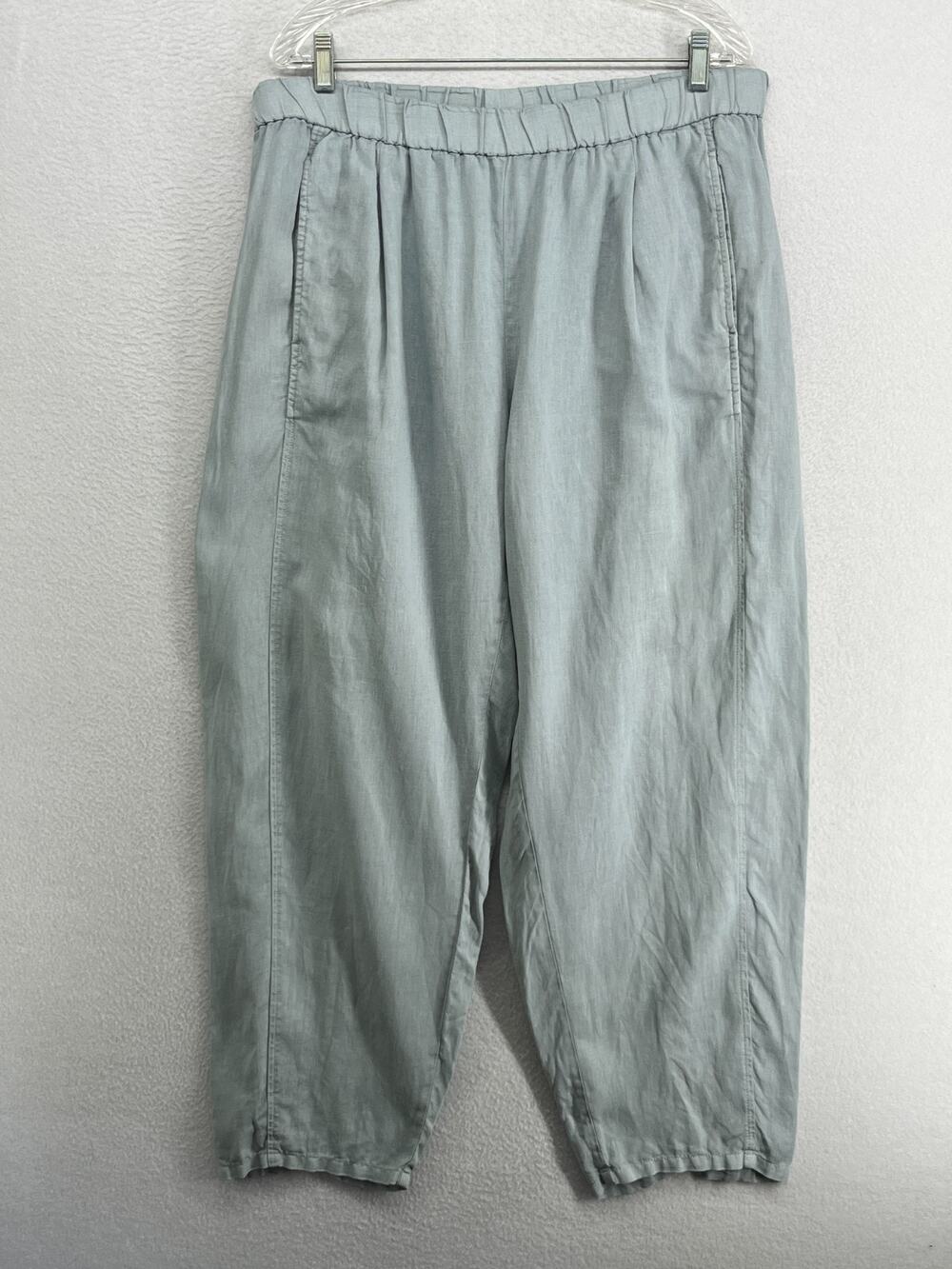 EILEEN FISHER Pants L Linen Barrel Slouchy Tapered Ankle Elastic Waist Blue